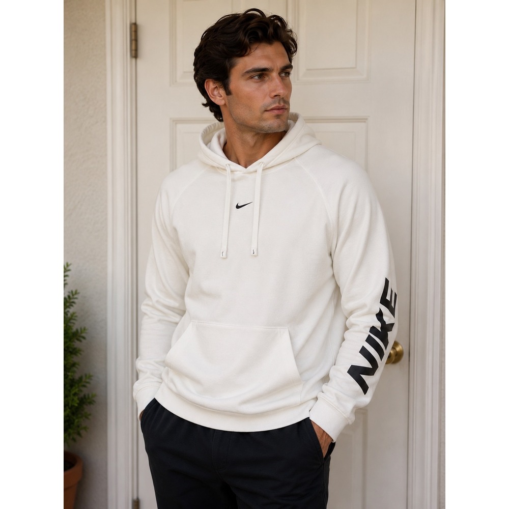 Nike Sportswear‎ Hoodie Mens XL Sail White Mini Swoosh Sleeve Logo Pullover